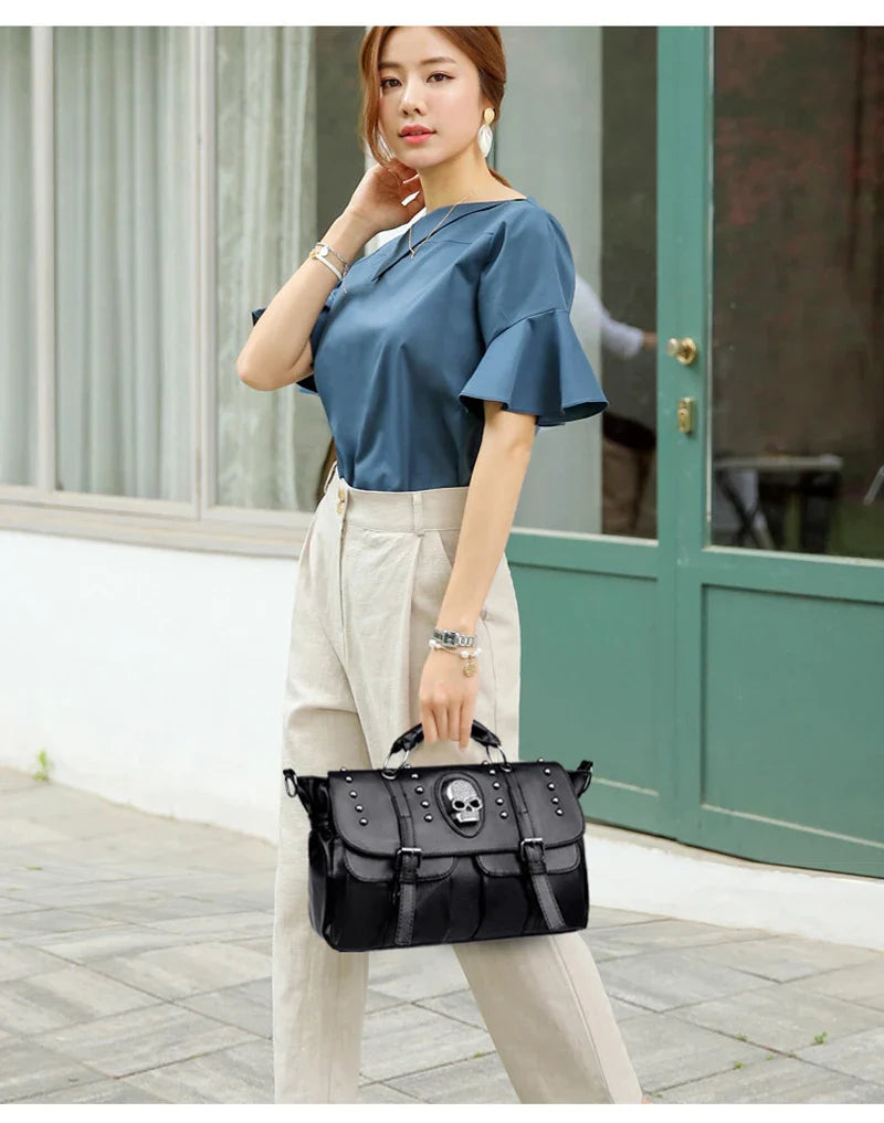 Punk Style Women Handbags Pu Leather Skull Tote Bag Black Large Capacity Shoulder Bag 2022 Luxury Crossbody Bags