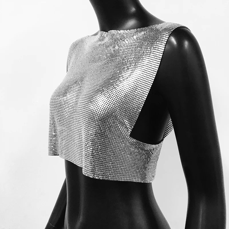 Sexy Metal Sequin Tank Top For Women y2k Summer Beach Backless Crop Top Rave Festival Club Outfits Camisole