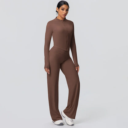 2pieces Quick Drying Sports Fitness Clothing Yoga Set Women Yoga Zipper Long Dleeves High Waisted Breathable Wide Leg Pants Set