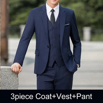 Man Three-piece Sets Fashion Turn Down Collar Coat+Single-breasted Vest+Pant Male Outfit Solid Color Business Wedding Men Suit