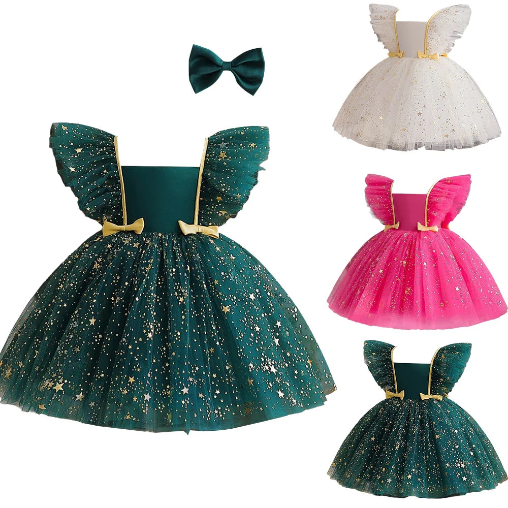 Princess Dress for Girls Sequined Star Ruffle Bow Tutu Gown Baby Formal Gala Prom Gown Kids Evening Party Costume