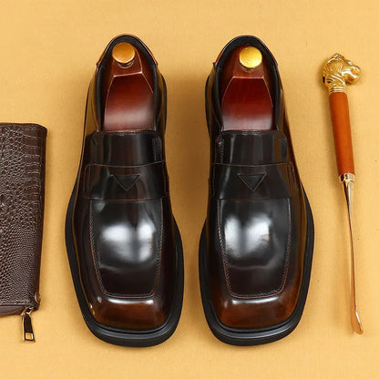 Glossy Black Thick Bottom Large Head Men's Shoes Business Casual Slip-On Loafers round Toe Leather Shoes for Adult Men