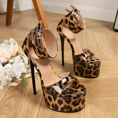 Summer Leopard Print Rivets Women's Sandals Round Toe Thin Heels 16.3cm Platform Ankle Buckle Straight Strap Ladies Pumps Shoes