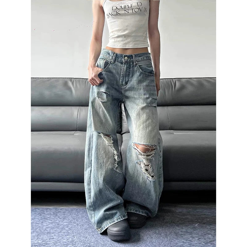 2025 Summer High Waist Ripped Women's Blue Jeans American Vintage Streetwear Y2K Wide Leg Jean 2000s Trouser Baggy Denim Pants
