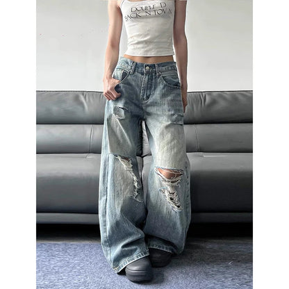 2025 Summer High Waist Ripped Women's Blue Jeans American Vintage Streetwear Y2K Wide Leg Jean 2000s Trouser Baggy Denim Pants