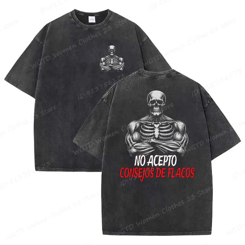 Calacas Chidas Gym Washed T-Shirts Men's Trendy Cool Skeleton & Gym Print Oversized Tshirt Summer Tees Streetwear Casual Tops