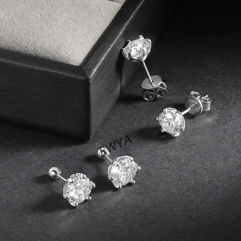 925 Sterling Silver 0.2-2ct D VVS1 6 Prong Diamond with GRA Moissanite Screw Stud Earrings For Women Wedding Fine Jewelry