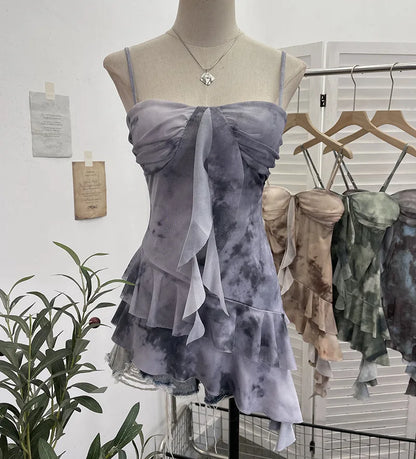 2025 Mesh Camisole for Women Stretch Casual Tie Dyeing Braless Sleeveless Adjustable Straps Asymmetrical Ruffle Tops