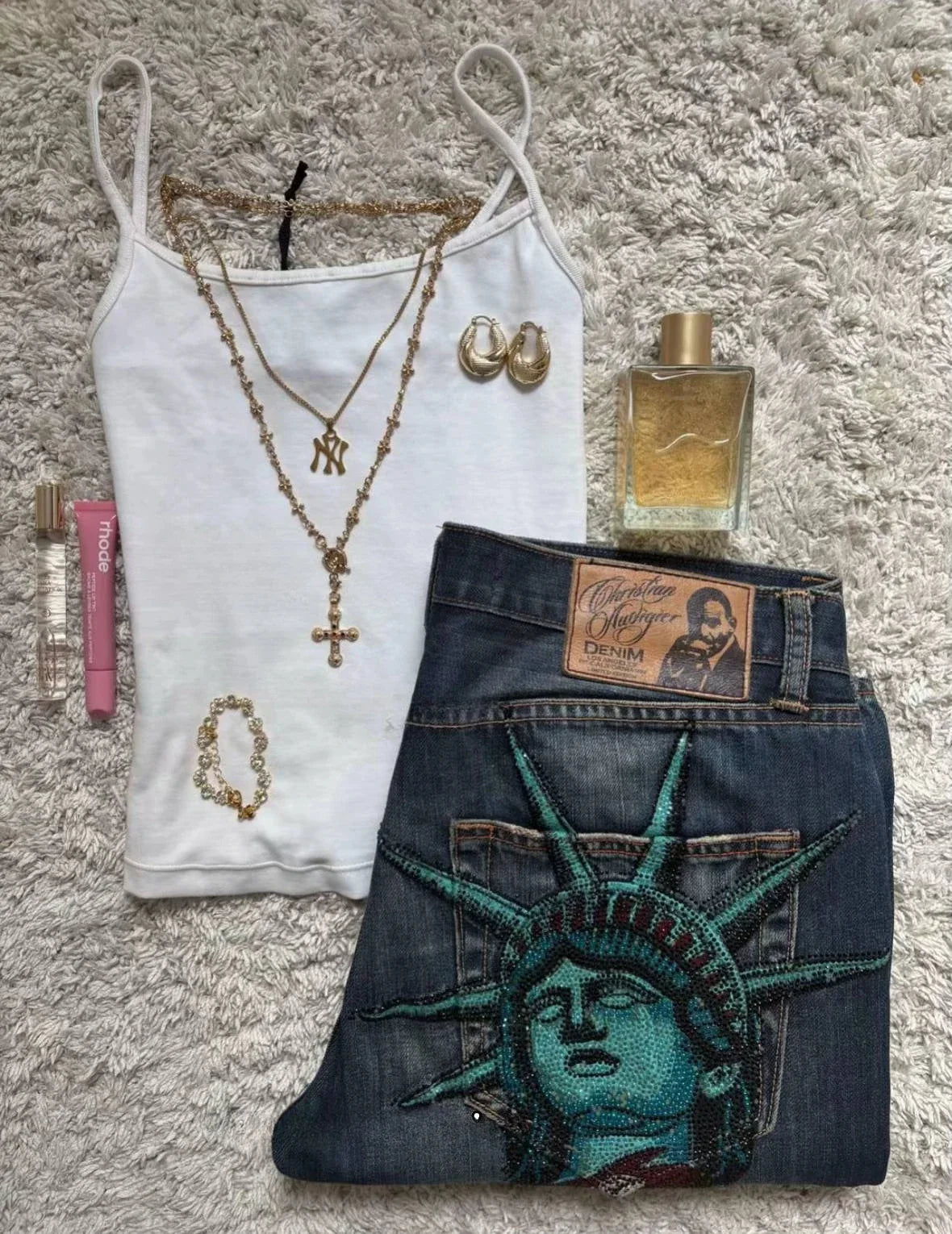Calça Jeans Vintage Liberty Brilhante com Strass Casual Cintura Baixa Reta Perna Larga Harajuku Y2k Anos 2000 Roupa Feminina