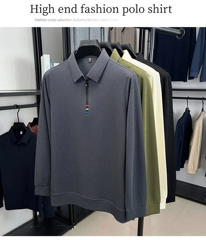 Light luxury half zipper men long sleeve polo shirt high-quality unique checkered printed Korean style trend new casual T-shirt