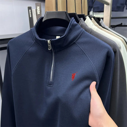 Half zip hoodie men's long sleeved t-shirt autumn plus size middle-aged and young embroidered pony logo collar polo shirt top