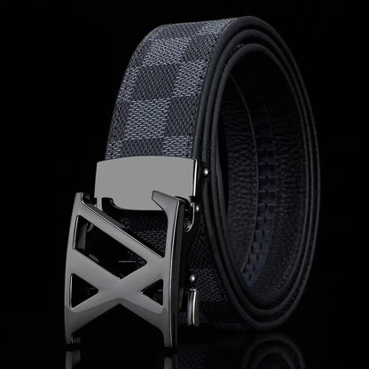 Men's Genuine Leather Belt Business Casual Automatic Buckle Checker Pattern Cowhide Trousers Belt