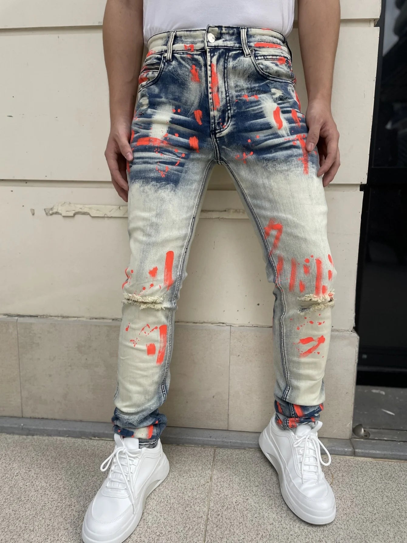 Men's Y2K-Style Denim Pants With Hand Drawn Colorful Tear Stop Pattern Design  Best Selling Product  Free Shipping Included