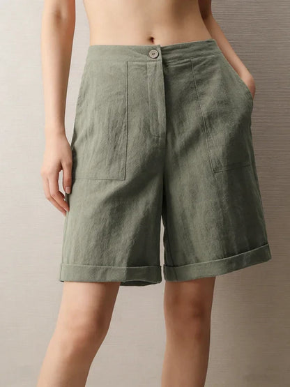 Women's High Waist Cotton Linen Blend Shorts  Elastic Waist with Pockets Summer Casual Loose Wide Leg Rolled Hem Female Pants