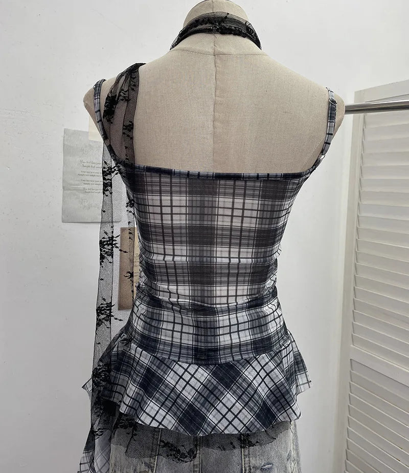 Y2K Plaid Camisole for Women Summer Casual Lace Scarf Breathable Stretch Mesh Patchwork Asymmetrical Ruffle Slim Tops
