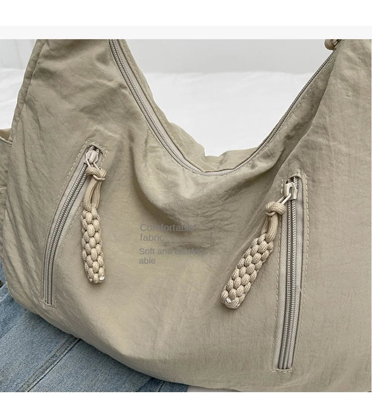 Summer Women Solid Color Shoulder Bag Fashion Lightweight Versatile Travel Crossbody Bag Commuter Nylon Large Capacity Hobo Bag