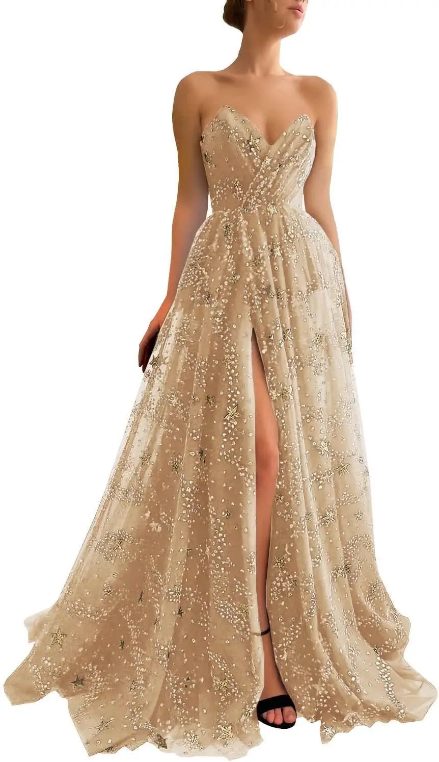 V Neck Luxury Women's Sparkle Starry Tulle Prom Dresses Strapless Slit Formal Evening Party Gowns Formal Dress Women Elegant