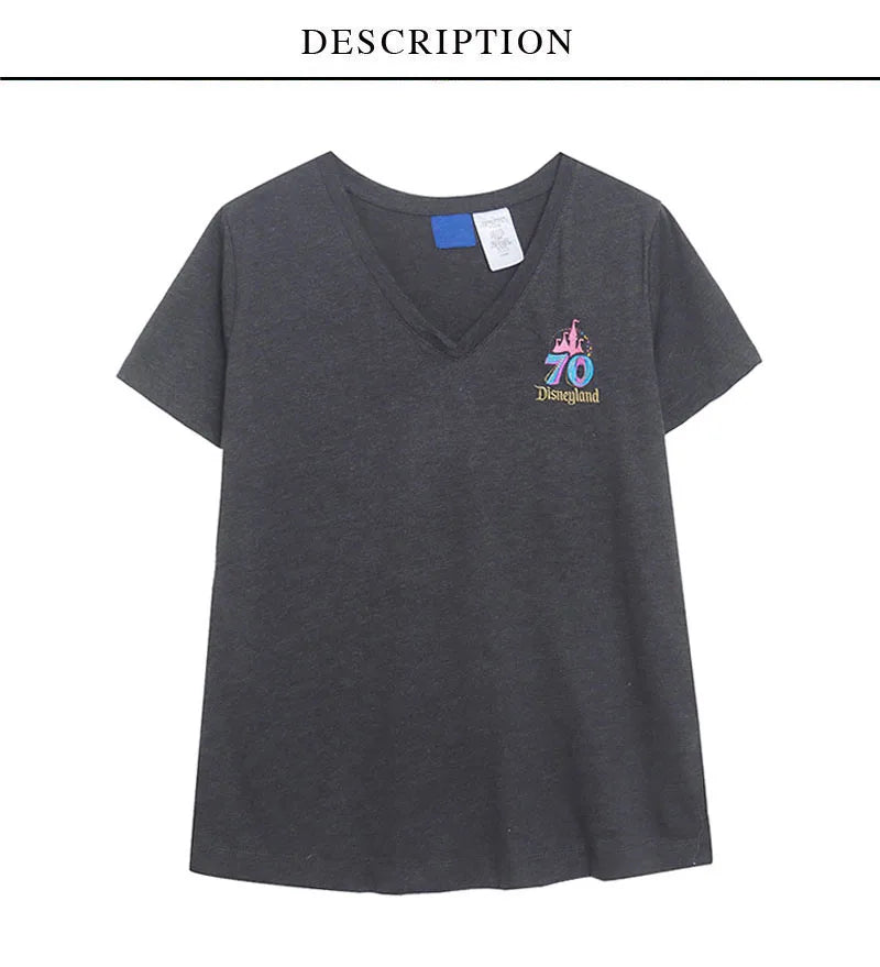 Embroidery T Shirt Women Casual V Neck Short Sleeve Tshirt Top Mickey Cartoon Tee Streetwear