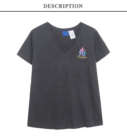 Embroidery T Shirt Women Casual V Neck Short Sleeve Tshirt Top Mickey Cartoon Tee Streetwear