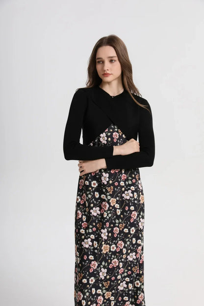 spring summer elegance satin dress + knitted top match set maxi floor length woman clothes