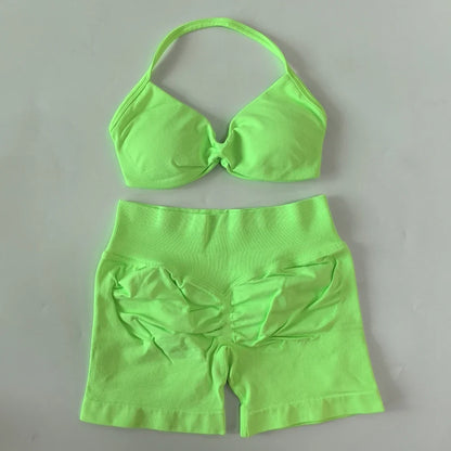 NO LOGO 2PCS Gym Set Women Strappy Yoga Bra Top High Waist Workout Scrunch Shorts Sports Suit Seamless Yoga Set Fitness Clothes