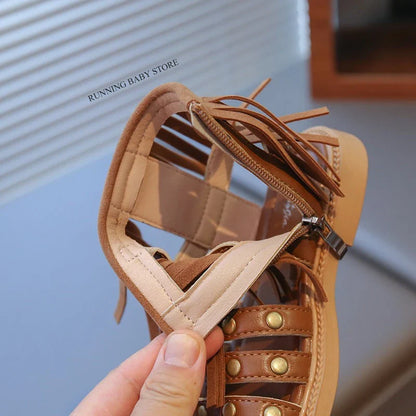 England Style Fashion Tassel Sandals Summer New Side Zipper Rivet High-top Sandals Student Beige Brown Roman Shoes Fringe I05235