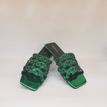 Pretty Soft Flat Shoes With Bag Set For Woman Fashion Style Rhinestone Party Slippers And Women Purse Latest Design
