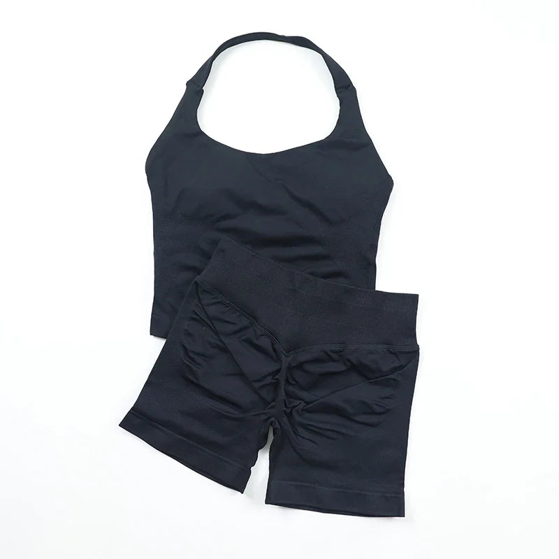 Seamless Yoga Set Womens Backless Halter Tank Top Ribbed Waist Gym Shorts 2 Piece Sets Women Outfit Workout Clothes