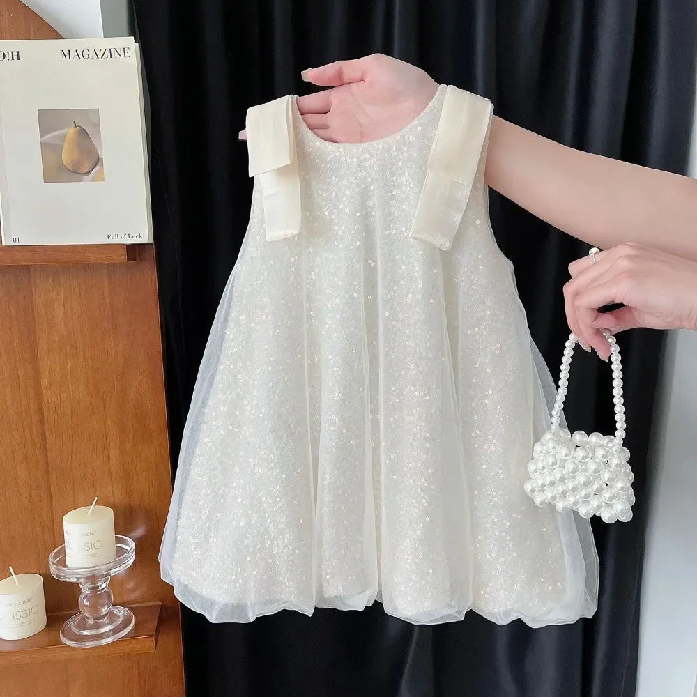 Flower Girl Dress Purple Mesh Sequin Birthday Party Children's Clothing Solid Color Vest Kids Dresses for Girls Casual Wear