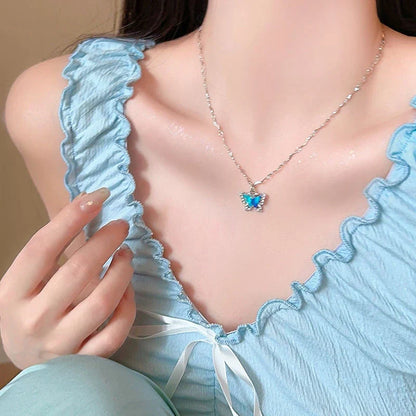 Romantic Blue Crystal Butterfly Necklace for Women Girls Simple Shiny Zircon Bilayer Choker Clavicle Chain New Fine Jewelry