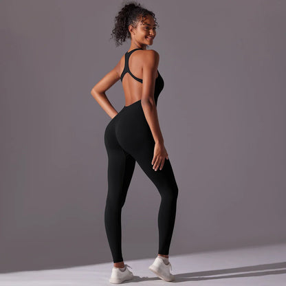 Backless Yoga Bodysuit Women Sports Jumpsuit Fitness Sportswear Workout Set Solid Color Seamless Butt Lifting Yoga Bodysuit