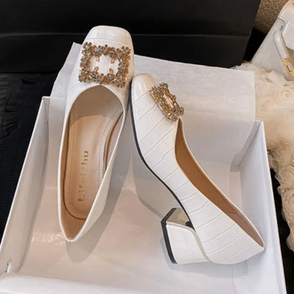 Plus Size 35-43 Women Pumps Med Heel Square Toe Pumps Office Lady Leahter Shoes Big Gold Metal Chain Soft Soles Slip on Shoes