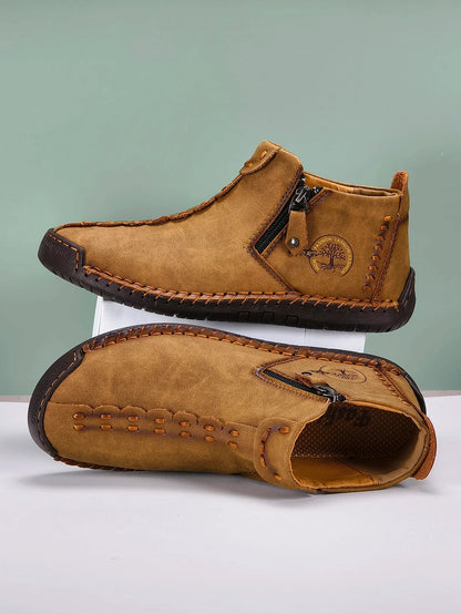 New Classic Handmade Leather Men Shoes Zipper Design Outdoor Sneakers Slip On Breathable Casual Shoes Leather Men Ankle Boots