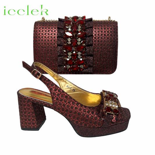 2026 Elegant Wine Peep-Toe Women Heels Pumps for Italian Matching Party Shoes and Bags Set for Parties with Diamond Accents
