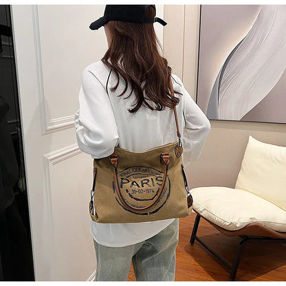 Portable Canvas New Trend Fashion Women's Bag Letter Large Capacity Tote Bag Leisure Commuting Single Shoulder Diagonal Span
