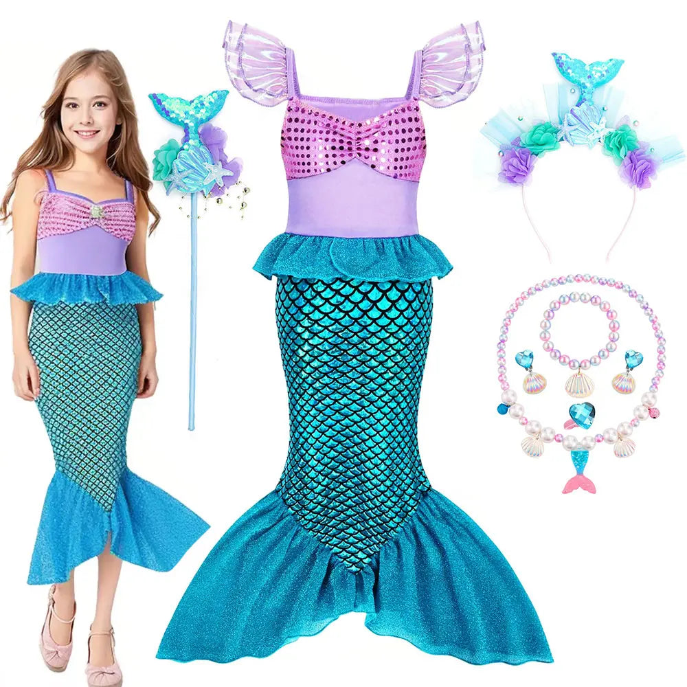 2026 Costume for Kids Cute Princess Trumpet Dress Girl Fairy Tale Little Mermaid Cosplay Ariel Apparel Carnival Robe
