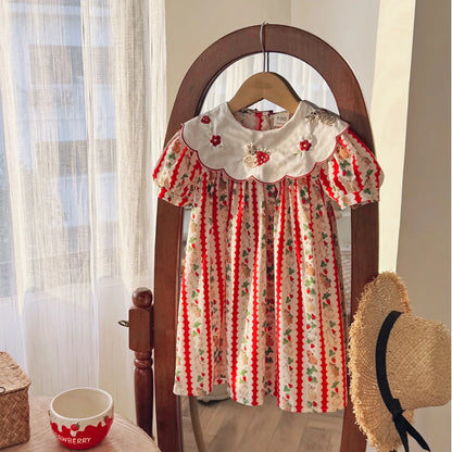 Kid Girl Adorable Short Sleeve Dress Red White Vertical Stripes Bunny Strawberry Print Peter Pan Collar Skirt for Children