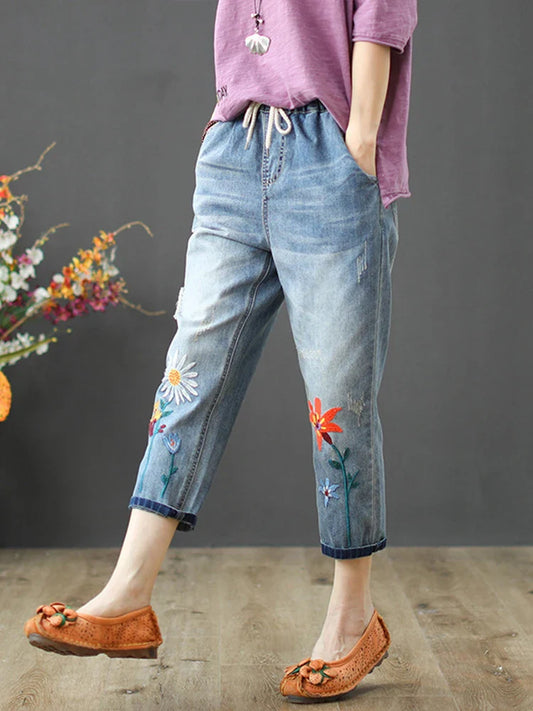 Elastic Elegant Jeans Womens Casual Floral Embroidery Denim Trousers