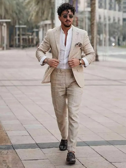2 Piece Casual Beige Linen Men Suits Single Breasted Slim Fit Notch Lapel Blazer with Pants High Quality Wedding Costume Homme