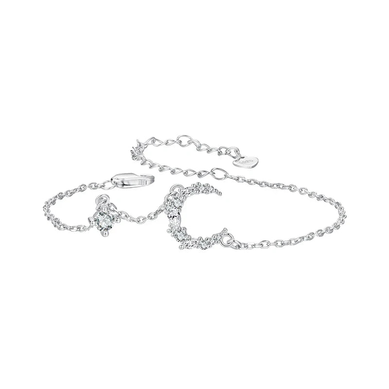 925 Sterling Silver Moon Bracelet, White Gold Plated Personalized Moonlight Dainty Link Chain Bracelet for Women BSB174