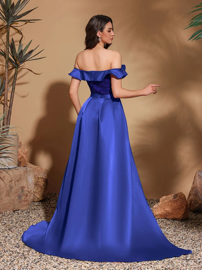 Sequined off-the-shoulder pleated collar satin floor-length dress