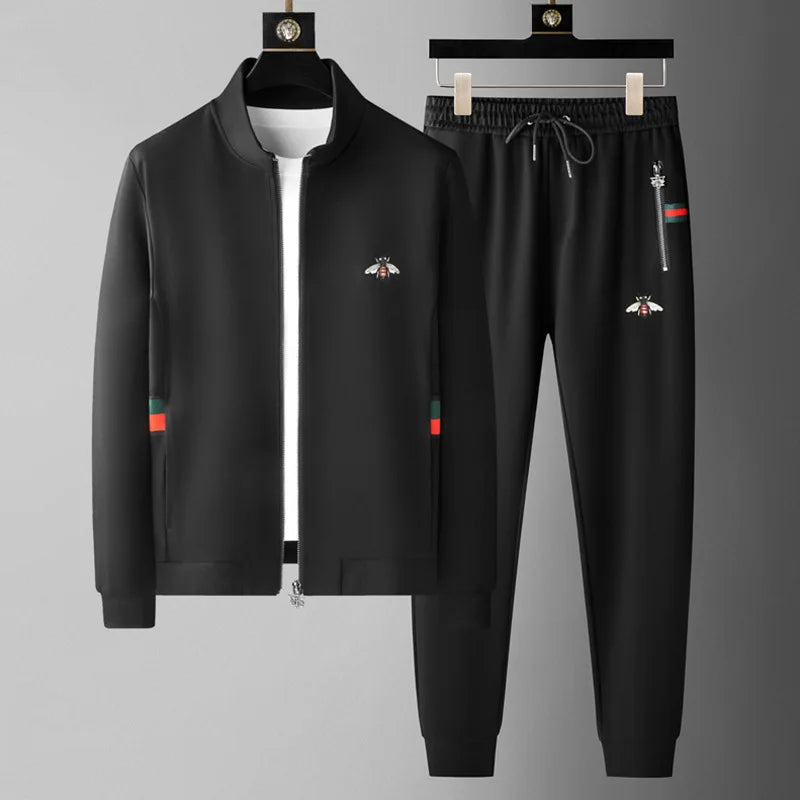 Spring Autumn Men's Sets Luxury Bee Printed Zipper Sweatshirt Solid Color Leisure Sports Elastic Wasit Pants Man Suits