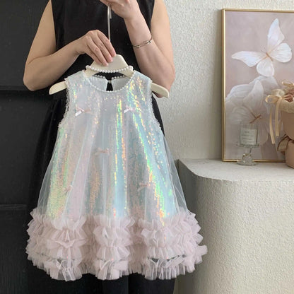 Kids Girls Fairy Princess Dress Sleeveless Bow Sequined Cake Dress Children Puffy Skirt Birthday Party Vest Tulle Dresses