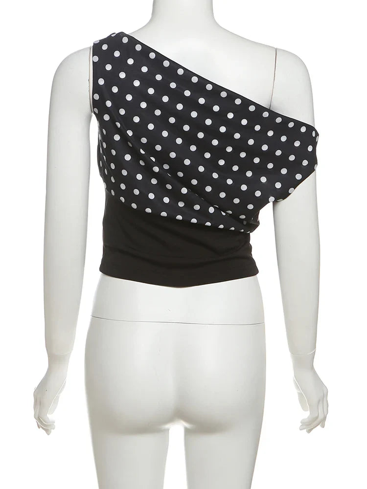 Polka Dots Print T-Shirts Women Summer Trend Skew Collar Off Shoulder Backless Street Fashion Trend Ruched Crop Tops