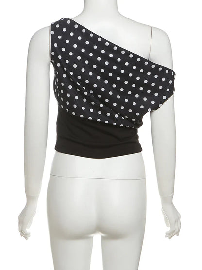 Puss Polka Dots Print T-Shirts Women Summer Trend Skew Collar Off Shoulder Backless Street Fashion Trend Ruched Crop Tops