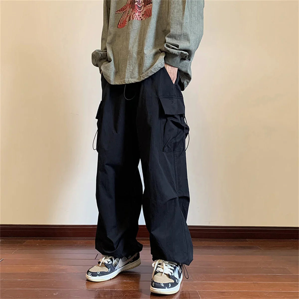 Streetwear 2025 New Spring Harem Multicolored Casual Pants Men Elastic Waist Solid Color Cargo Pants Multi Pocket Baggy Pants