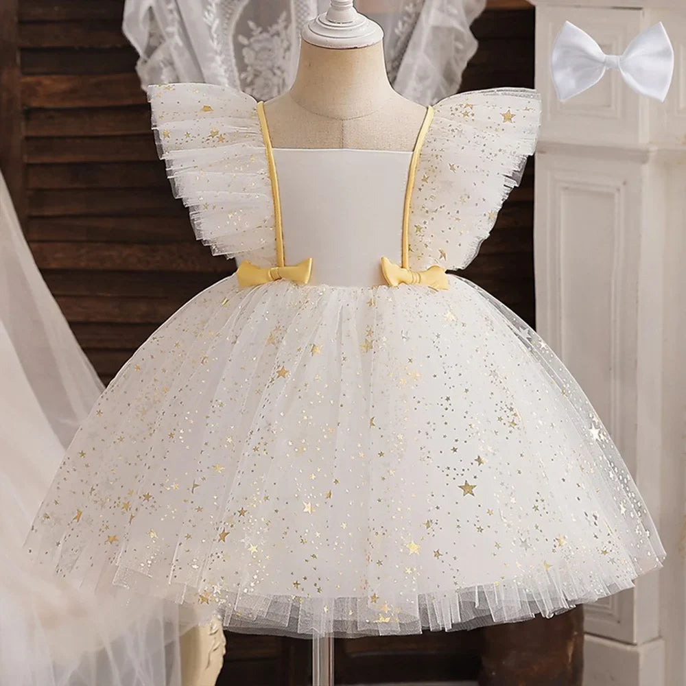 Princess Dress for Girls Sequined Star Ruffle Bow Tutu Gown Baby Formal Gala Prom Gown Kids Evening Party Costume