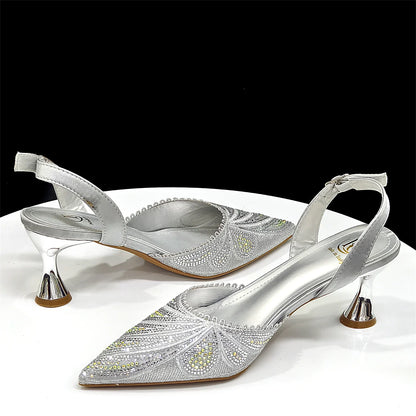 New Green Colour Pointed-Toe Diamond-Studded Party Women's High Heels Gorgeous Parties Shoes and Bag to Match