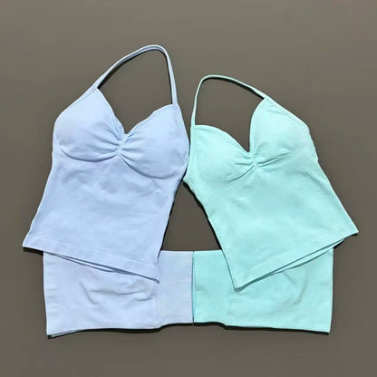 2 Piece Sports Set Women Seamless Yoga Tank With Removable Pads Top Scrunch Butt Workout Leggings Suit Gym Sports Sets