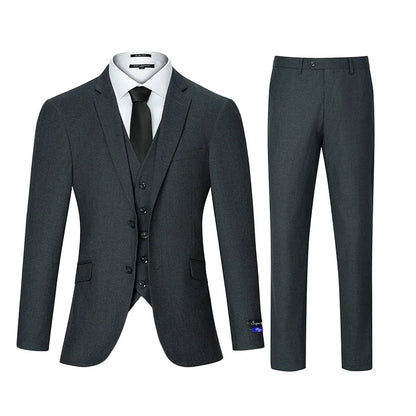 3pcs Men's Classic Solid Color Suit Set Long Sleeve Blazer with Button Details Non-Stretch Fabric Regular Fit for All Seasons
